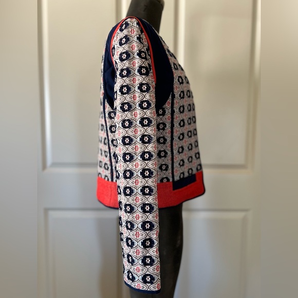 Tory Burch Rainford Daisy Jacquard Quilted Jacket Navy Orange Size 8 - Picture 3 of 9